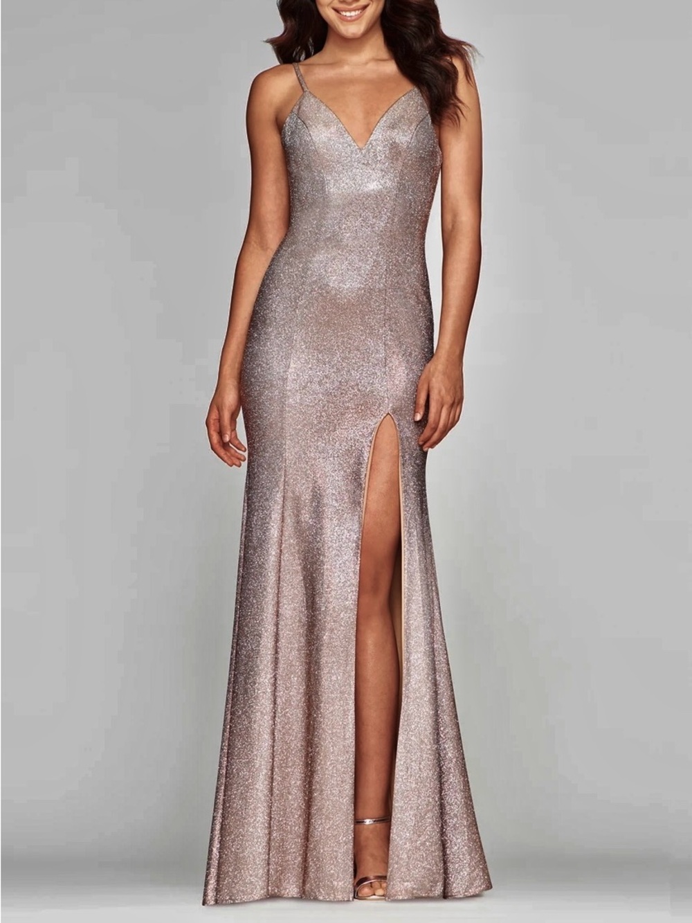 NWOT Prom Pageant shimmer glitter backless formal dress, high-thigh leg slit, 00